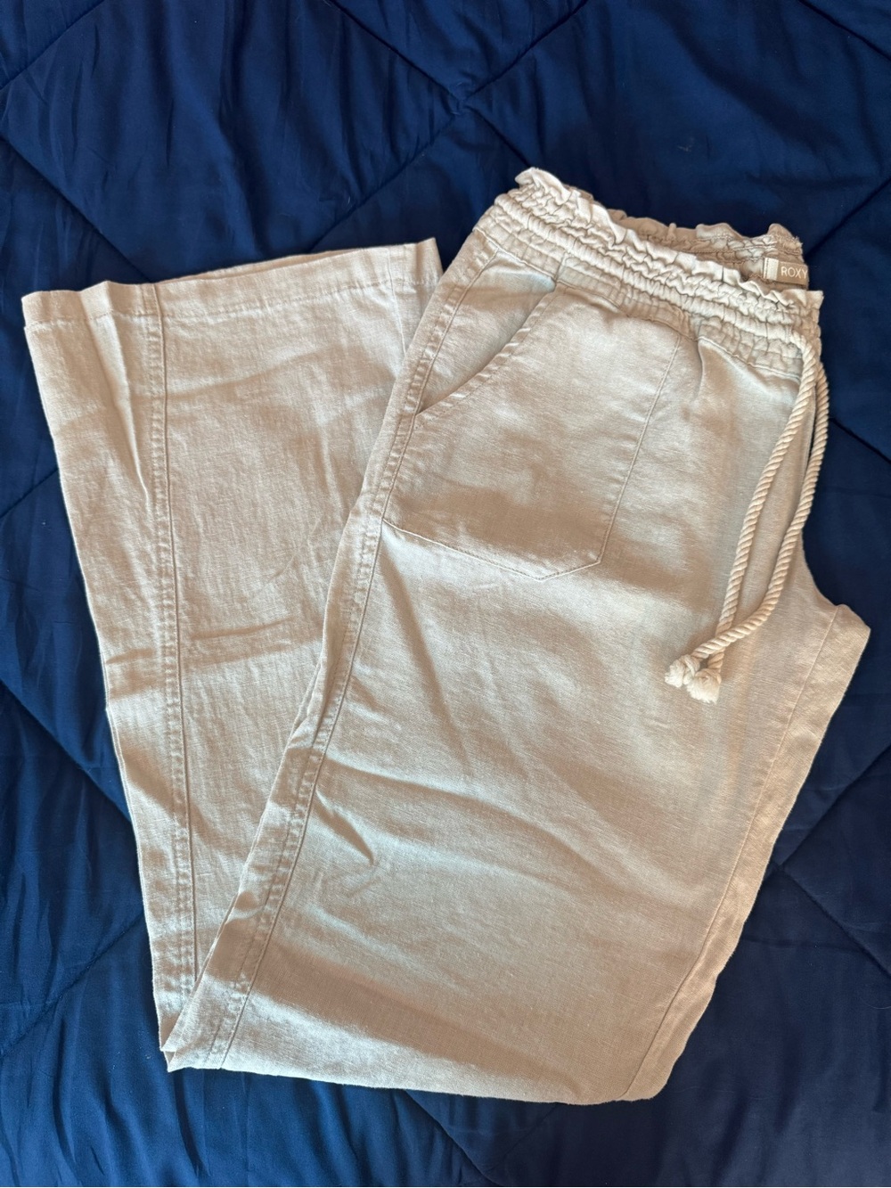 Roxy Cream Colored Drawstring Linen-Blend Pants